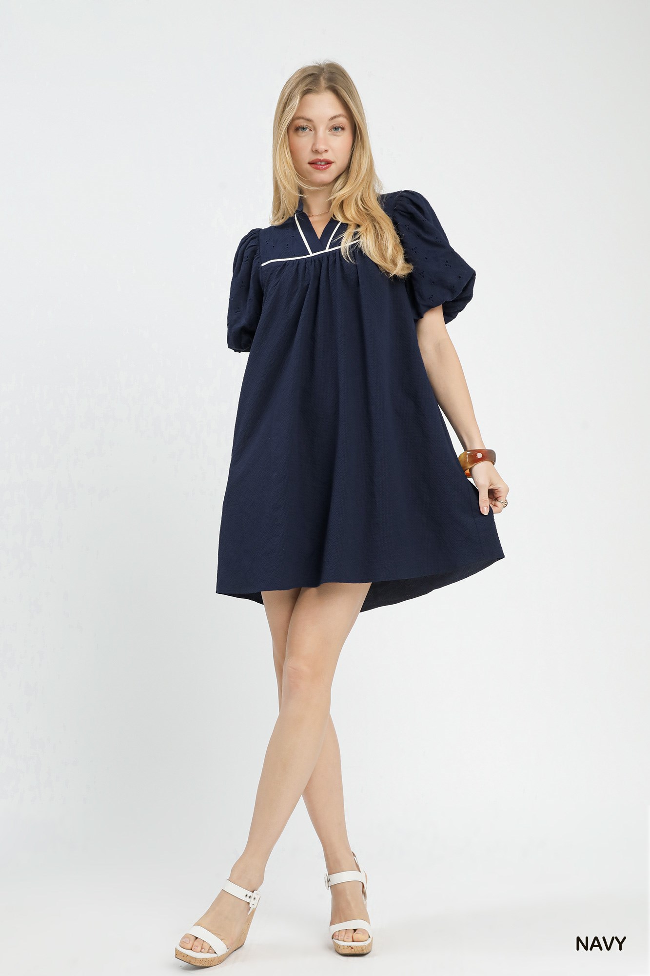 Puff Sleeve Textured Babydoll Dress, image 5