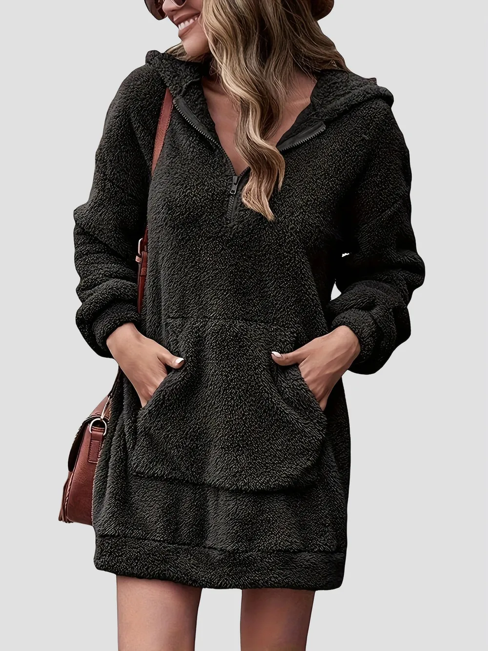Half Zip Dropped Shoulder Oversized Hoodie, image 2