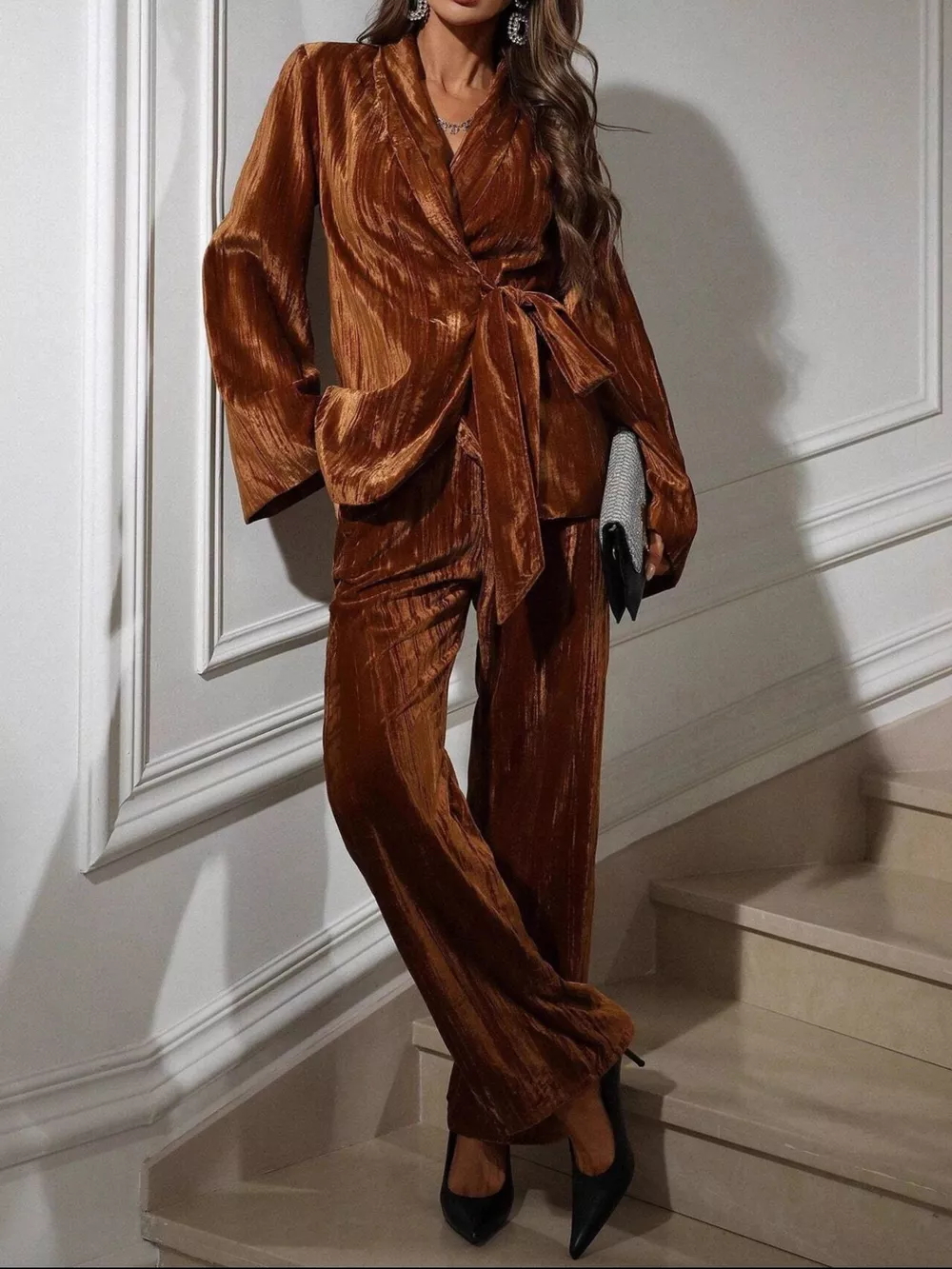 Velvet Tie Waist Blazer and Pants Set, image 3