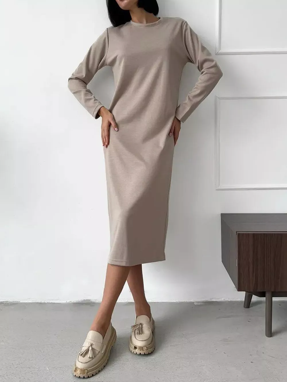 Round Neck Long-Sleeve Midi Dress, image 8