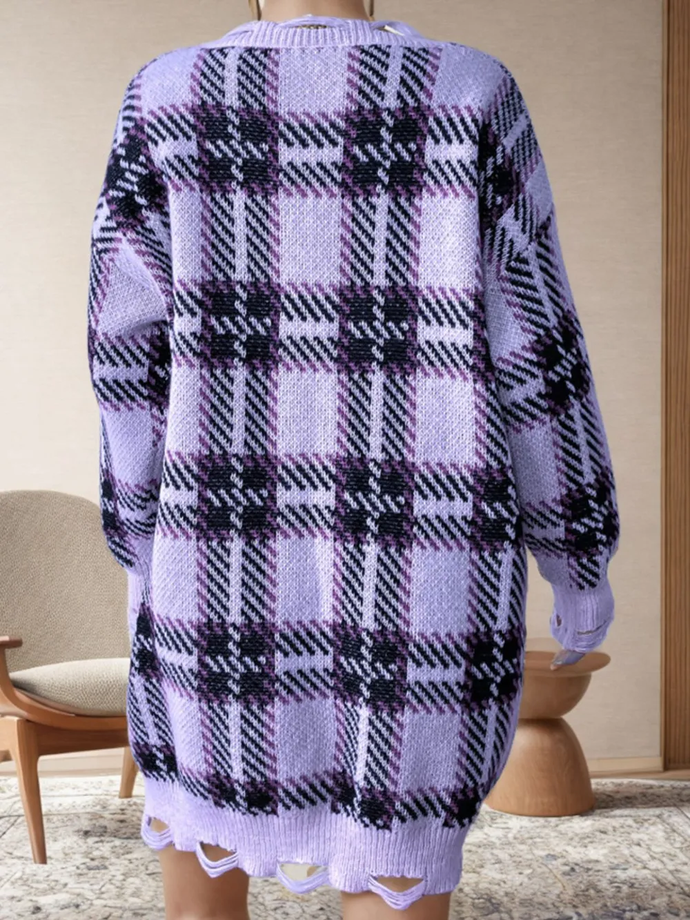 Distressed Plaid V-Neck Long Sleeve Sweater Dress, image 11