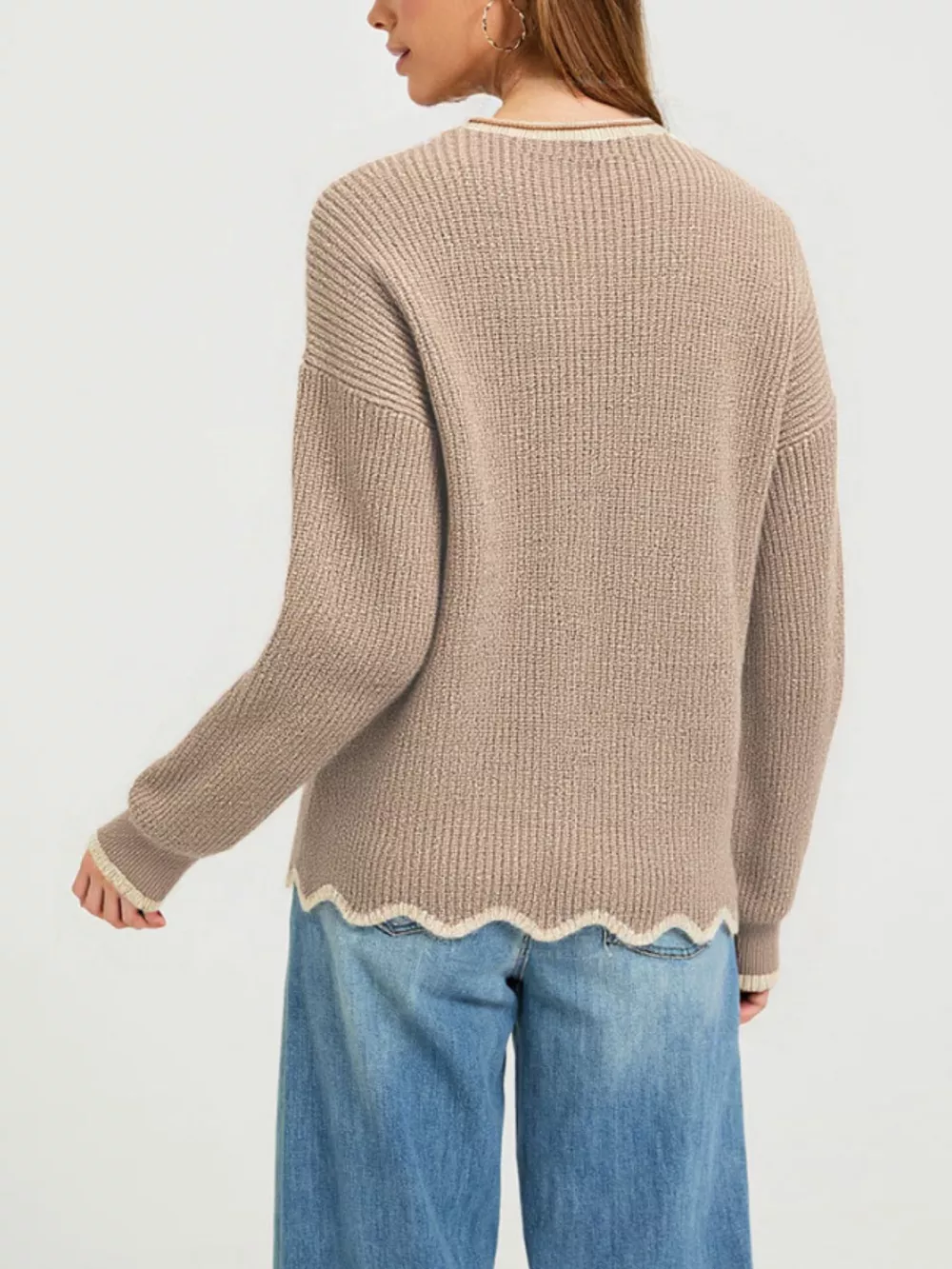 Contrast Trim Scalloped Hem Ribbed Knit Sweater, image 9