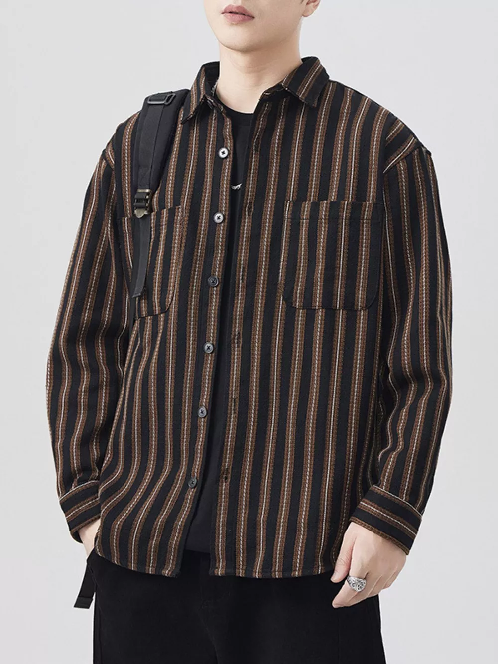 Men's Plus Size Striped Button Up Long Sleeve Shirt, image 3