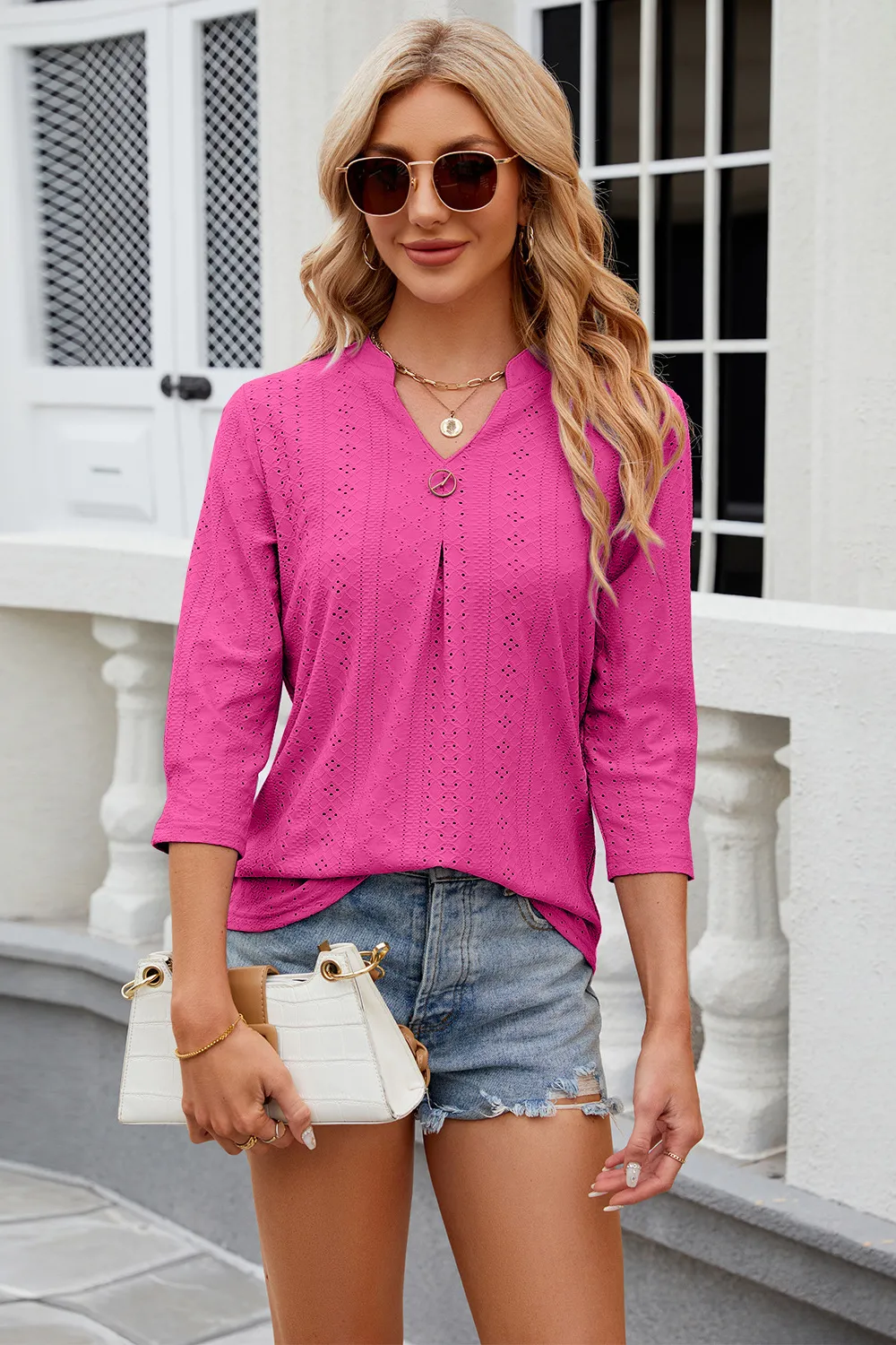Eyelet Notched Knit Jacquard Top, image 10