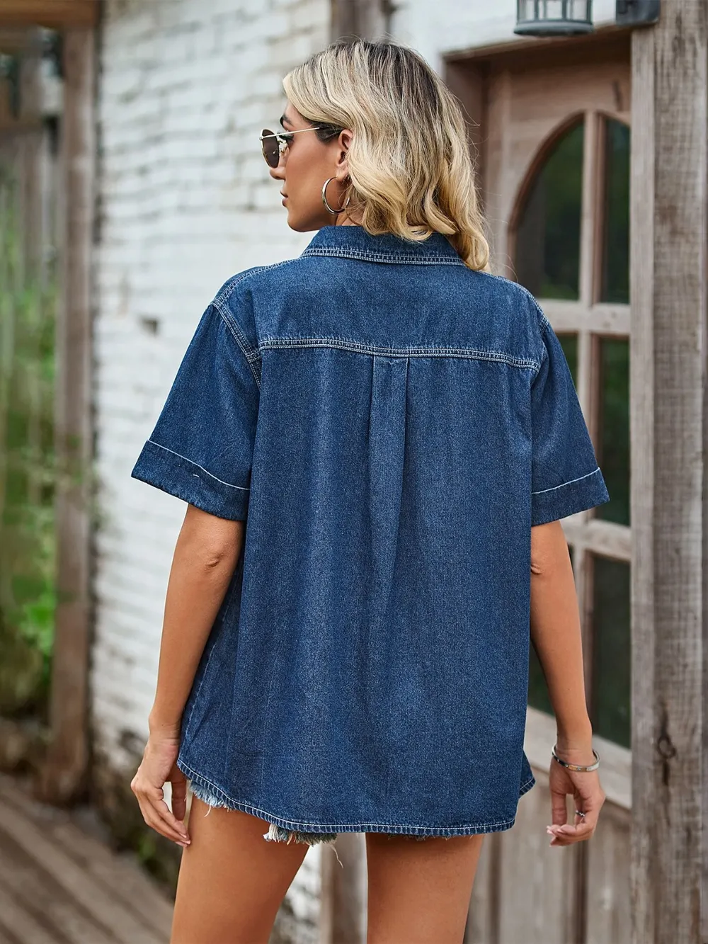 Pocketed Button Up Short Sleeve Denim Shirt, image 8