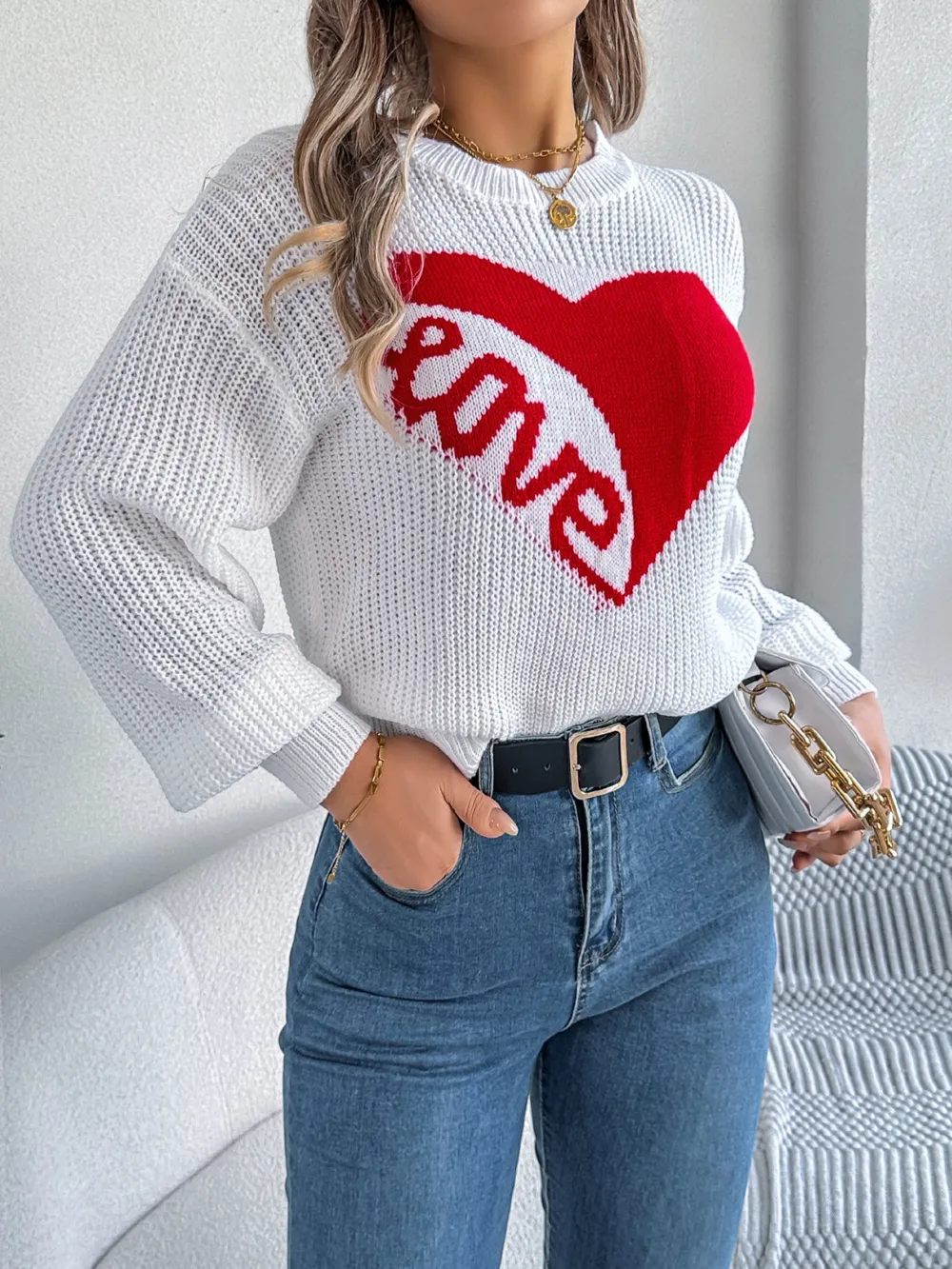 LOVE Heart Round Neck Dropped Shoulder Sweater, image 12