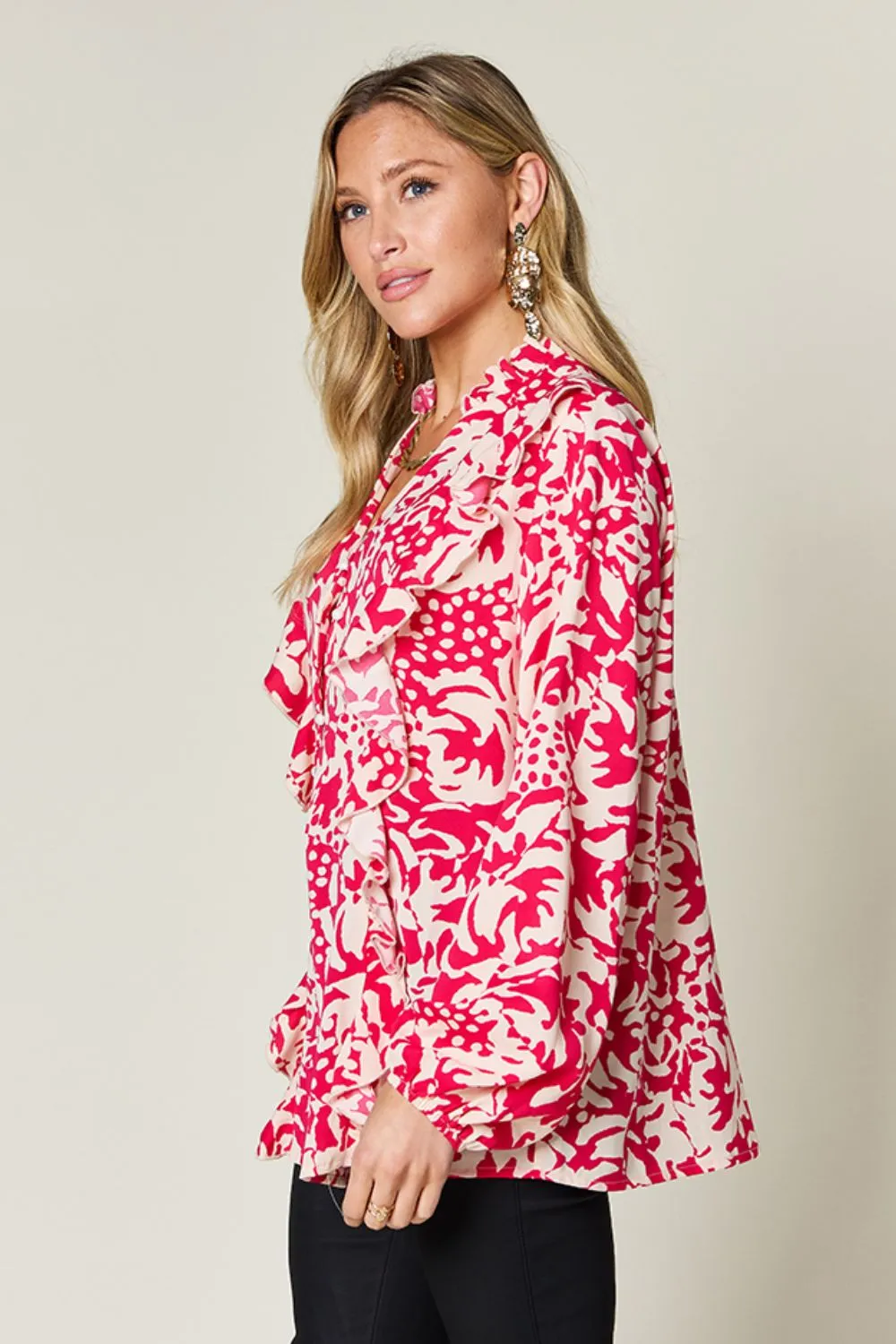 Full Size Printed Ruffle Trim Balloon Sleeve Shirt, image 20