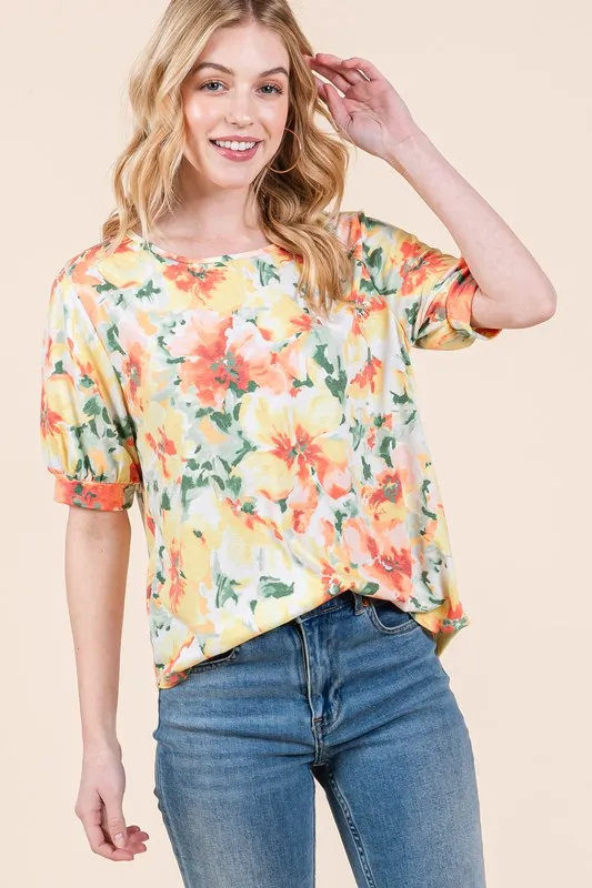 Floral Round Neck Puff Sleeve Top