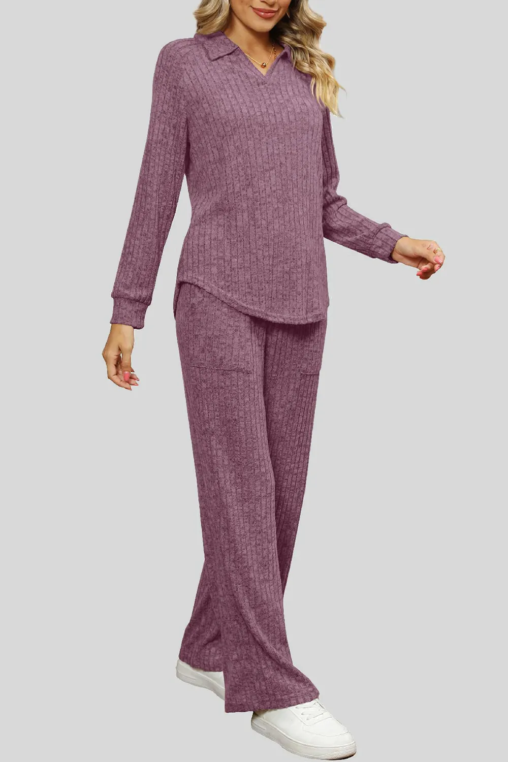 Ribbed Long Sleeve Top and Pocketed Pants Set, image 29