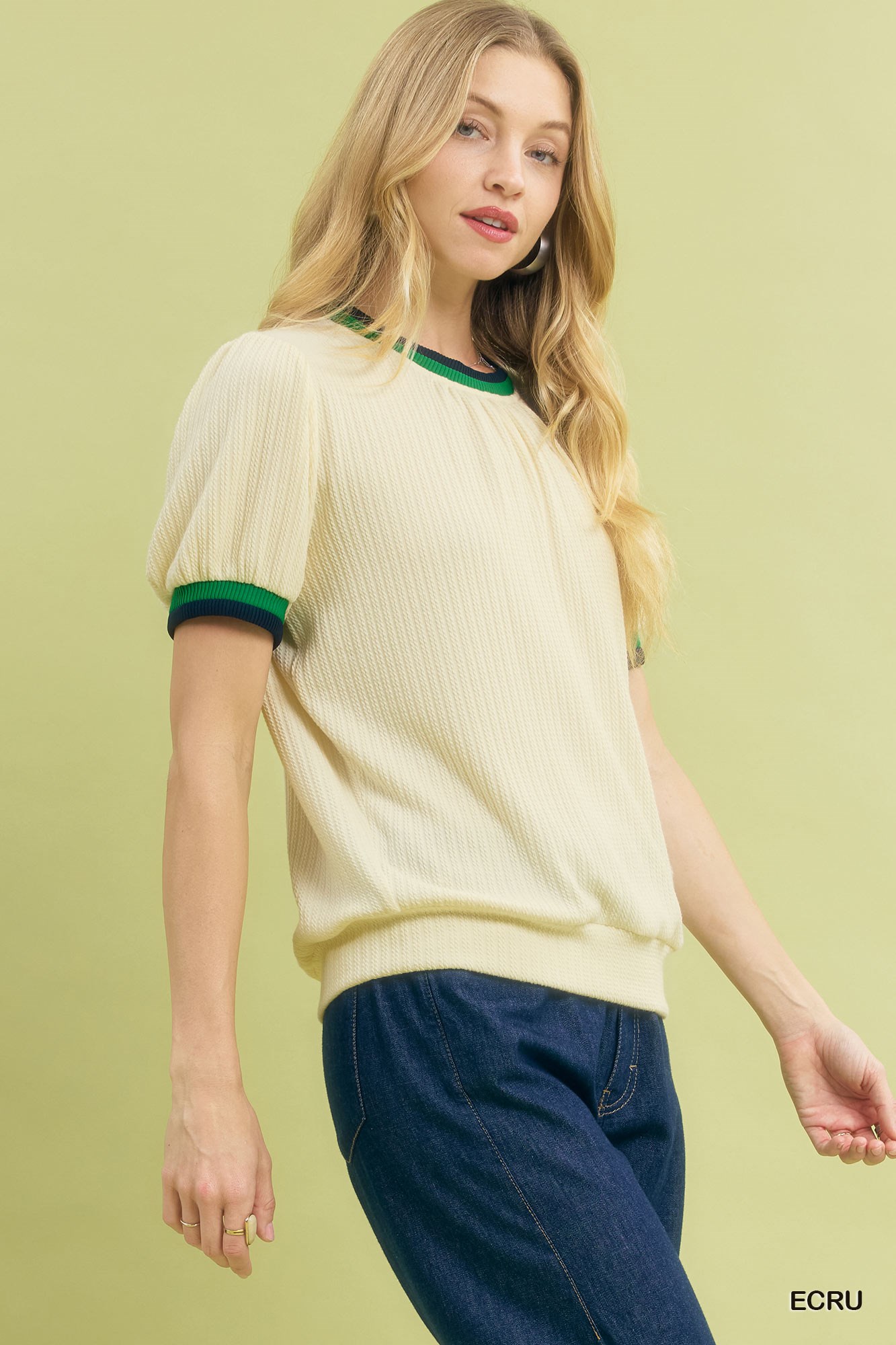 Puff Sleeve Knit Top with Contrast Rib Trim, image 5