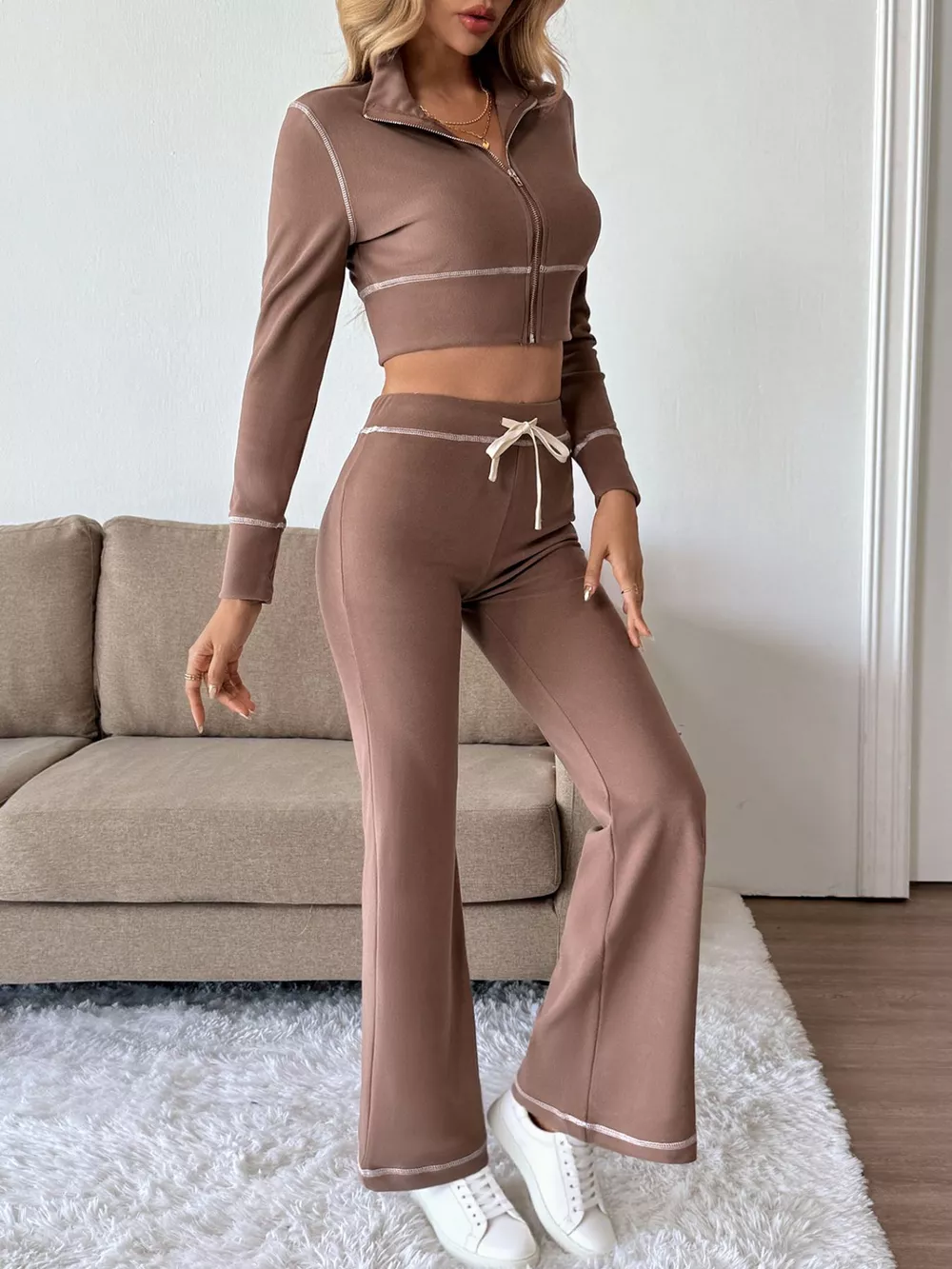 Zip Up Long Sleeve Top and Pants Set, image 2