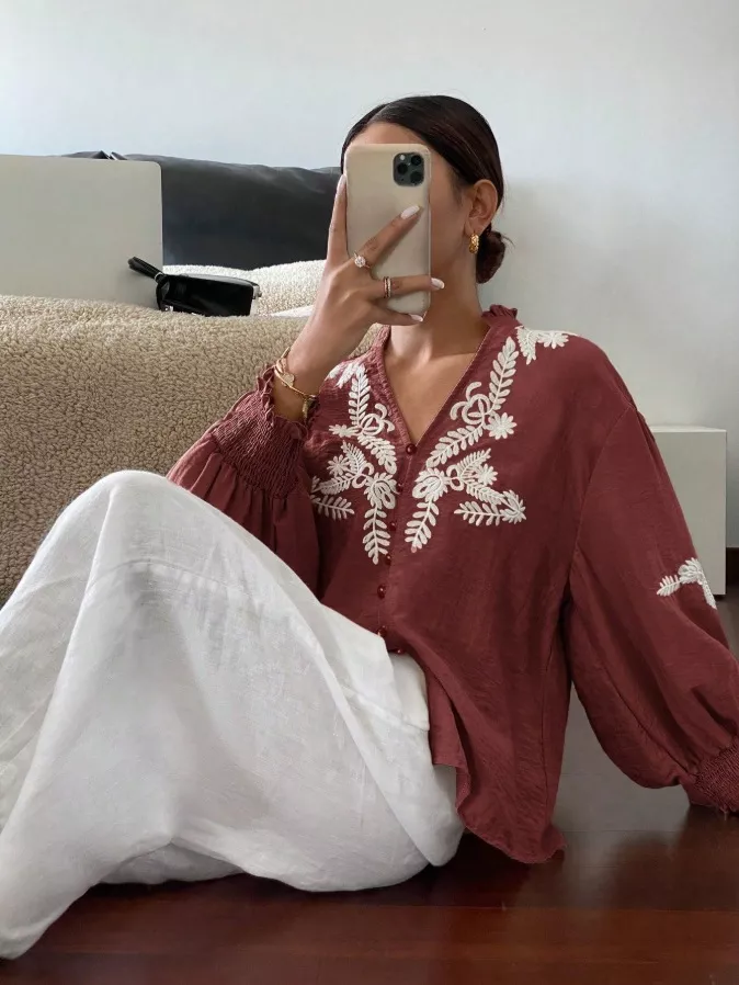 Embroidered Notched Long Sleeve Blouse, image 34
