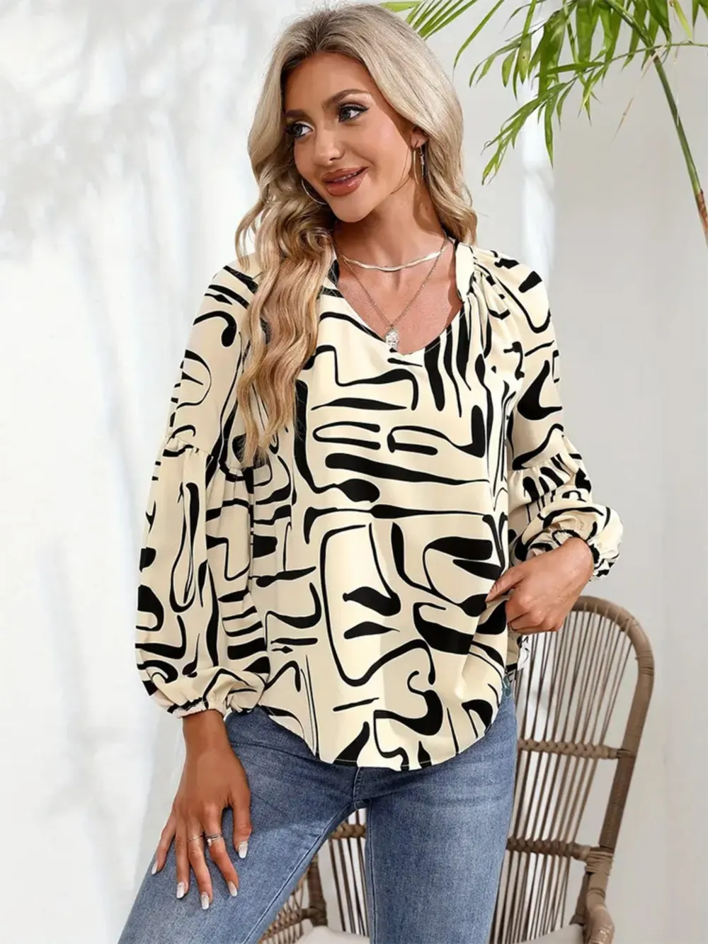 Printed Notched Long Sleeve Blouse, image 2