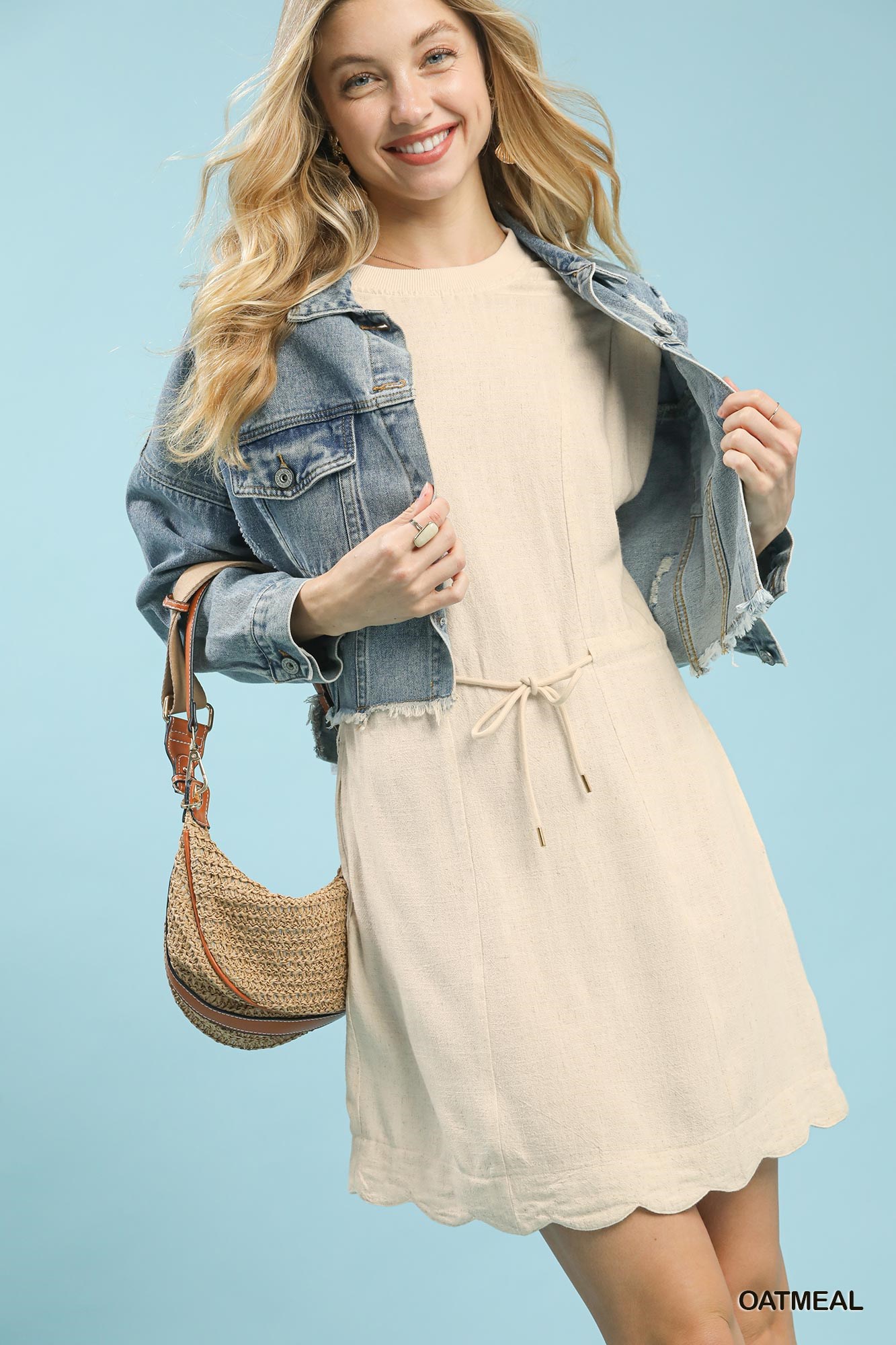 Linen Blend Scallop Hem Mini Dress, image 4
