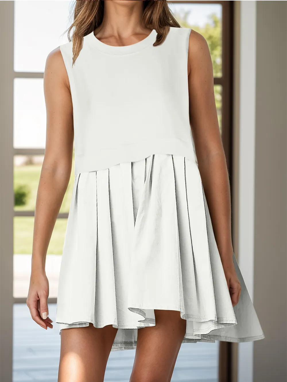Pleated Round Neck Sleeveless Mini Dress, image 10