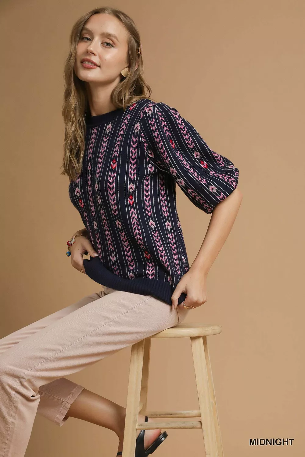 Jacquard Knit Puff Sleeve Sweater, image 3