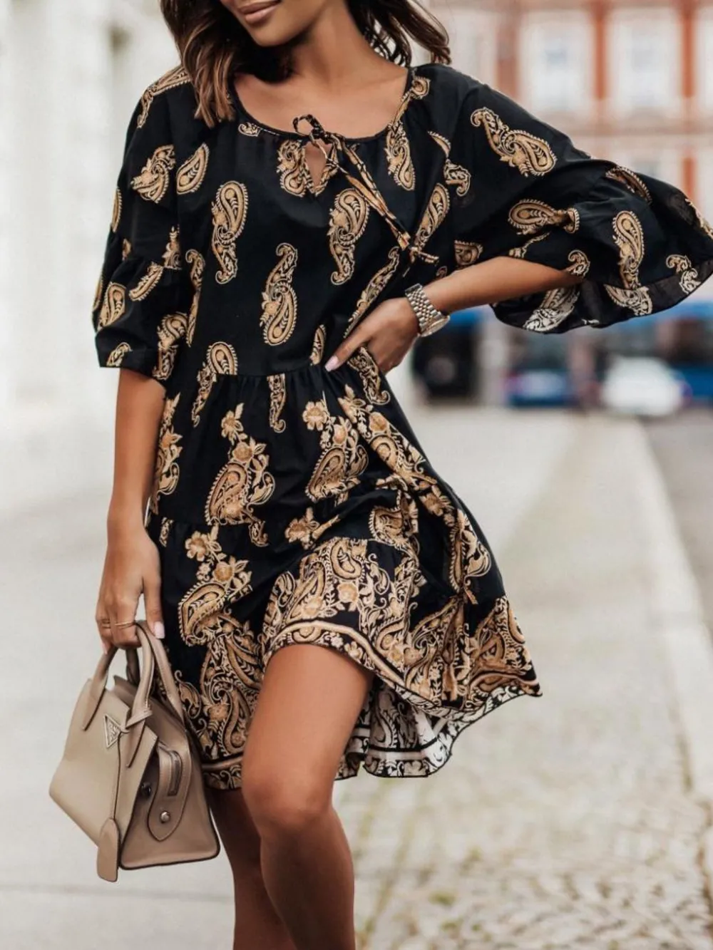 Paisley Print Tie Neck Half Sleeve Mini Dress, image 10
