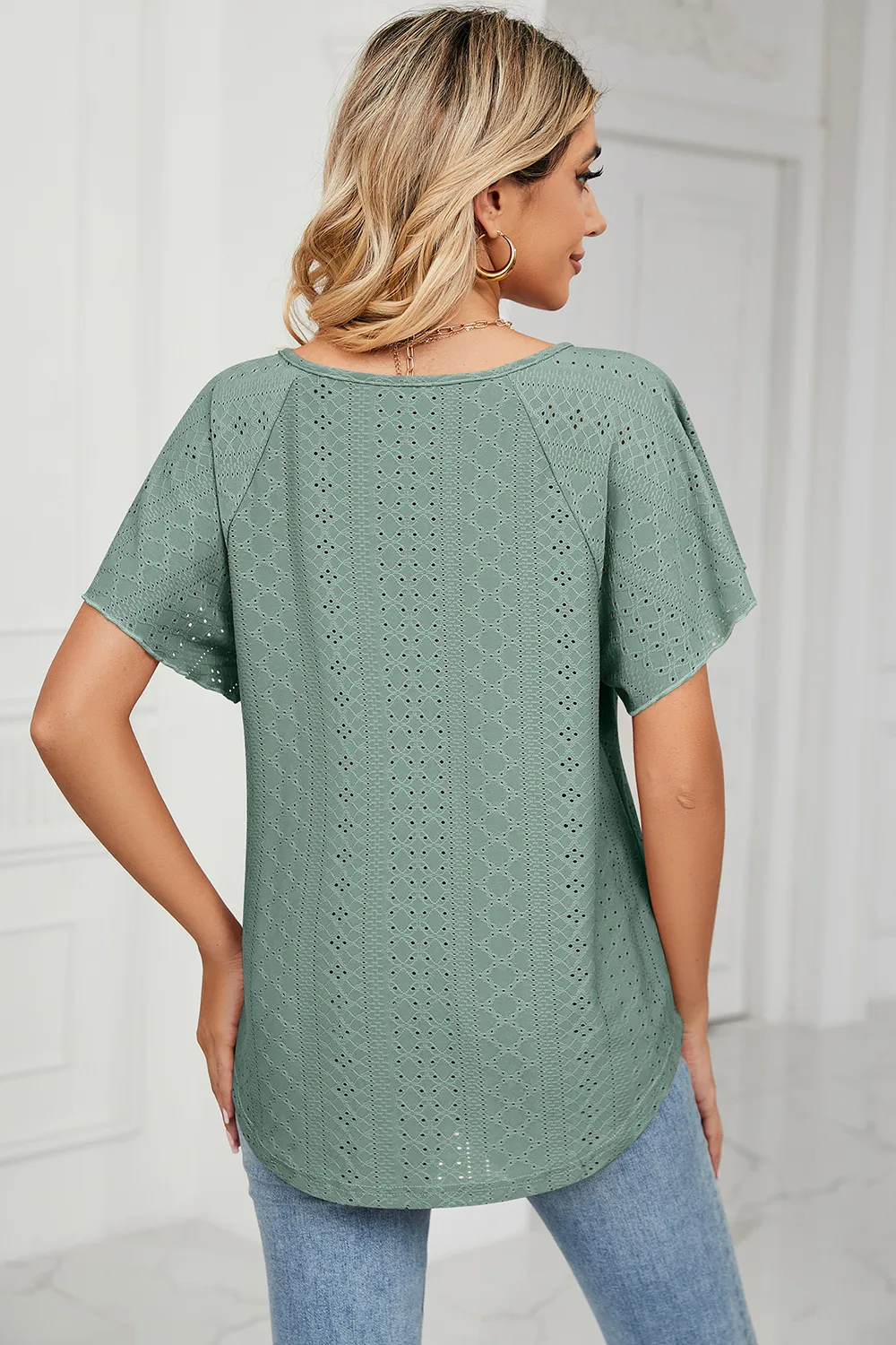 Eyelet Tie Neck Flutter Sleeve Blouse, image 17