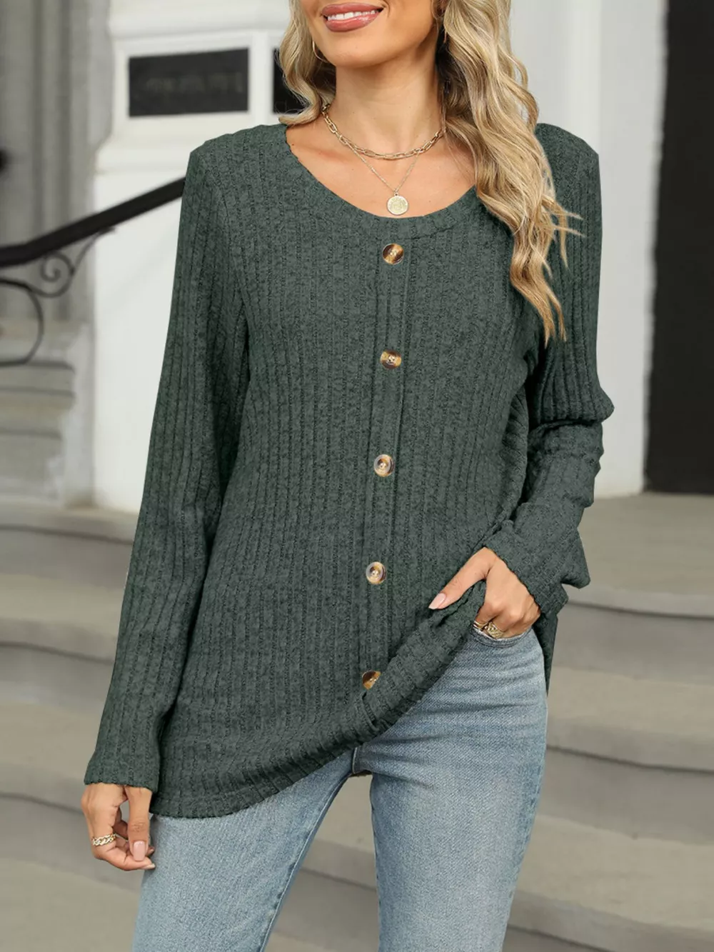 Ribbed Round Neck Long Sleeve Top, image 19