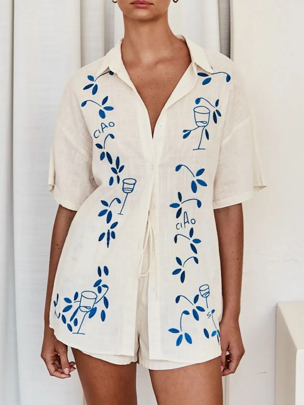 Embroidered Button Up Half Sleeve Top and Shorts Set, image 7