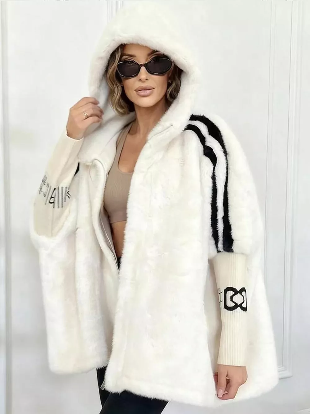 Hooded Faux Fur Striped Trim Outerwear, image 11