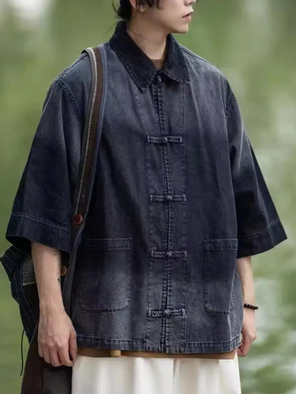 Men's Full Size Oversized 3/4 Sleeve Denim Shirt Plus Size, image 2
