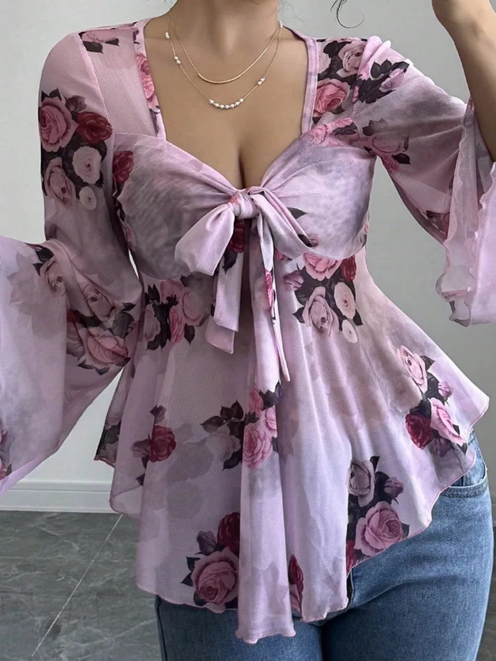 Floral Print Tie Front Flare Sleeve Blouse, image 9