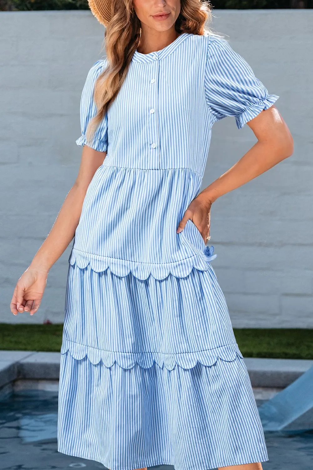 Stripe Bubble Short Sleeve Tiered Scallop Midi Dress, image 10