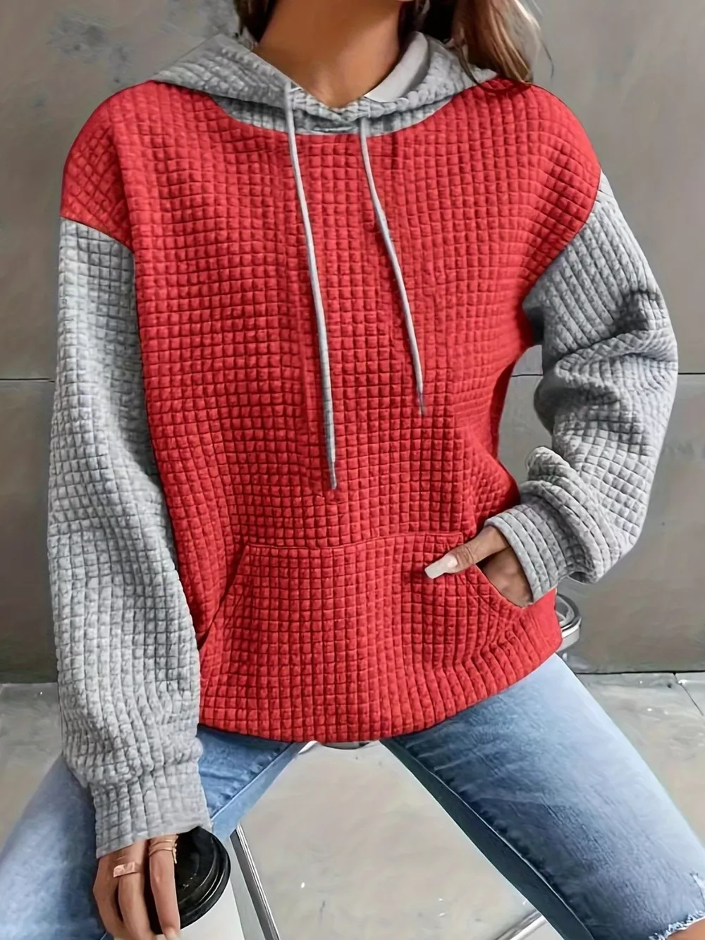 Full Size Textured Kangaroo Pocket Hoodie Plus Size, image 23