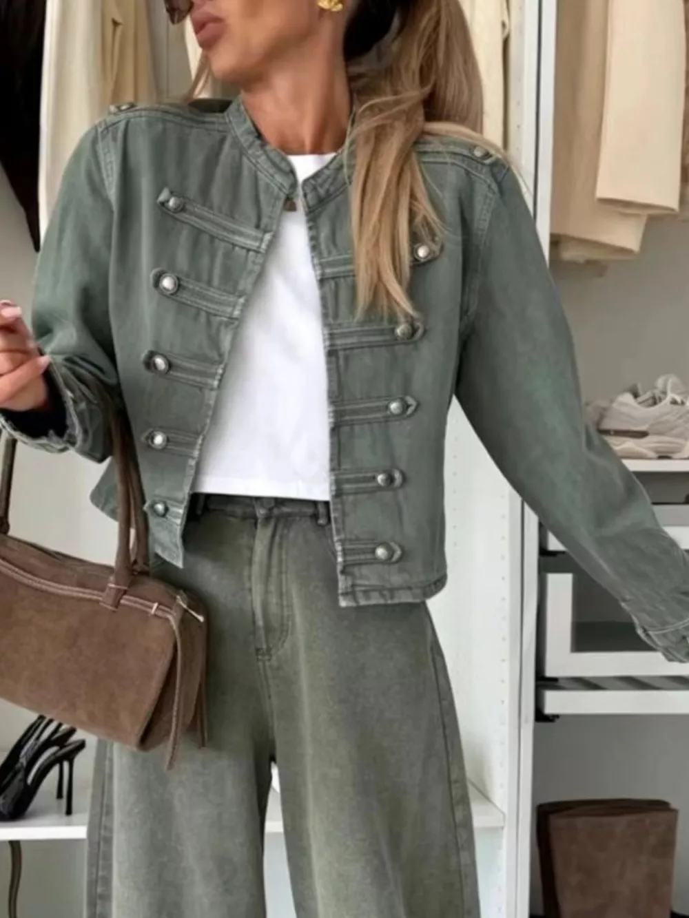 Decorative Button Cropped Denim Jacket, image 4