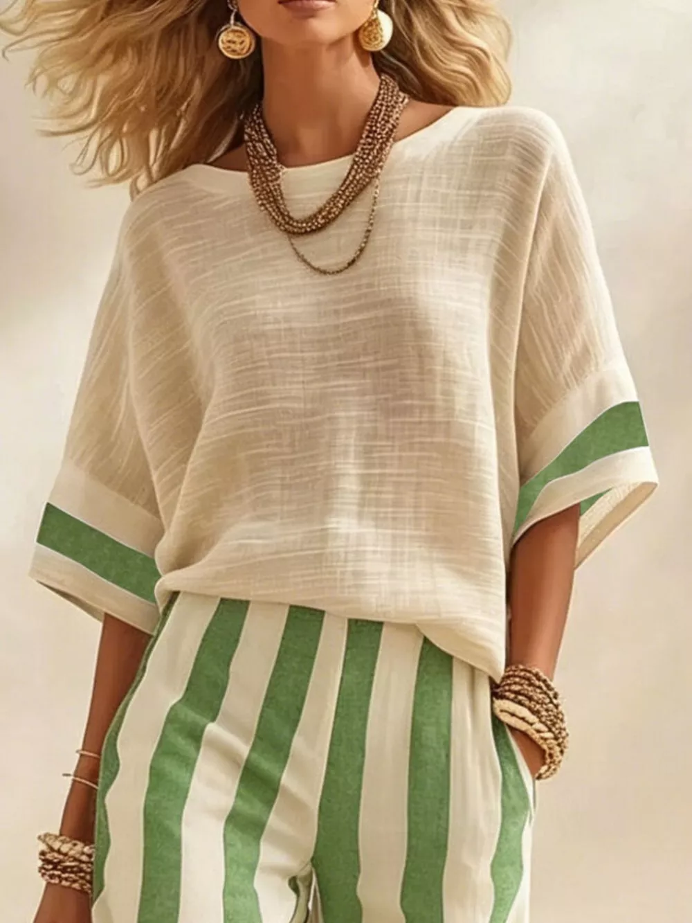 Full Size Striped Half Sleeve Top and Pants Set Plus Size, image 11