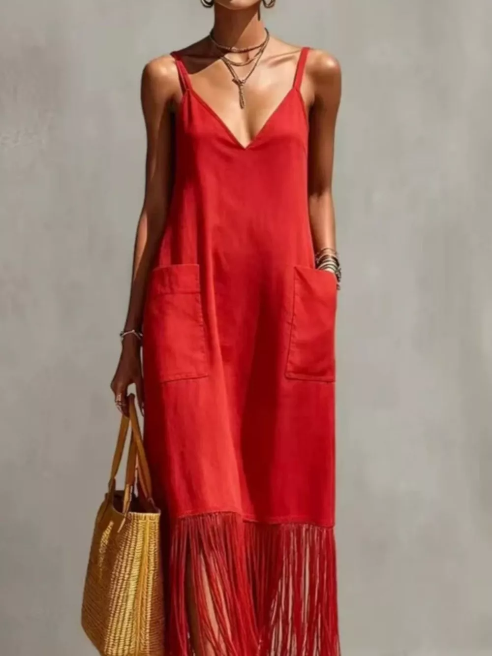 Full Size Fringe Spaghetti Strap V-Neck Dress Plus Size, image 7