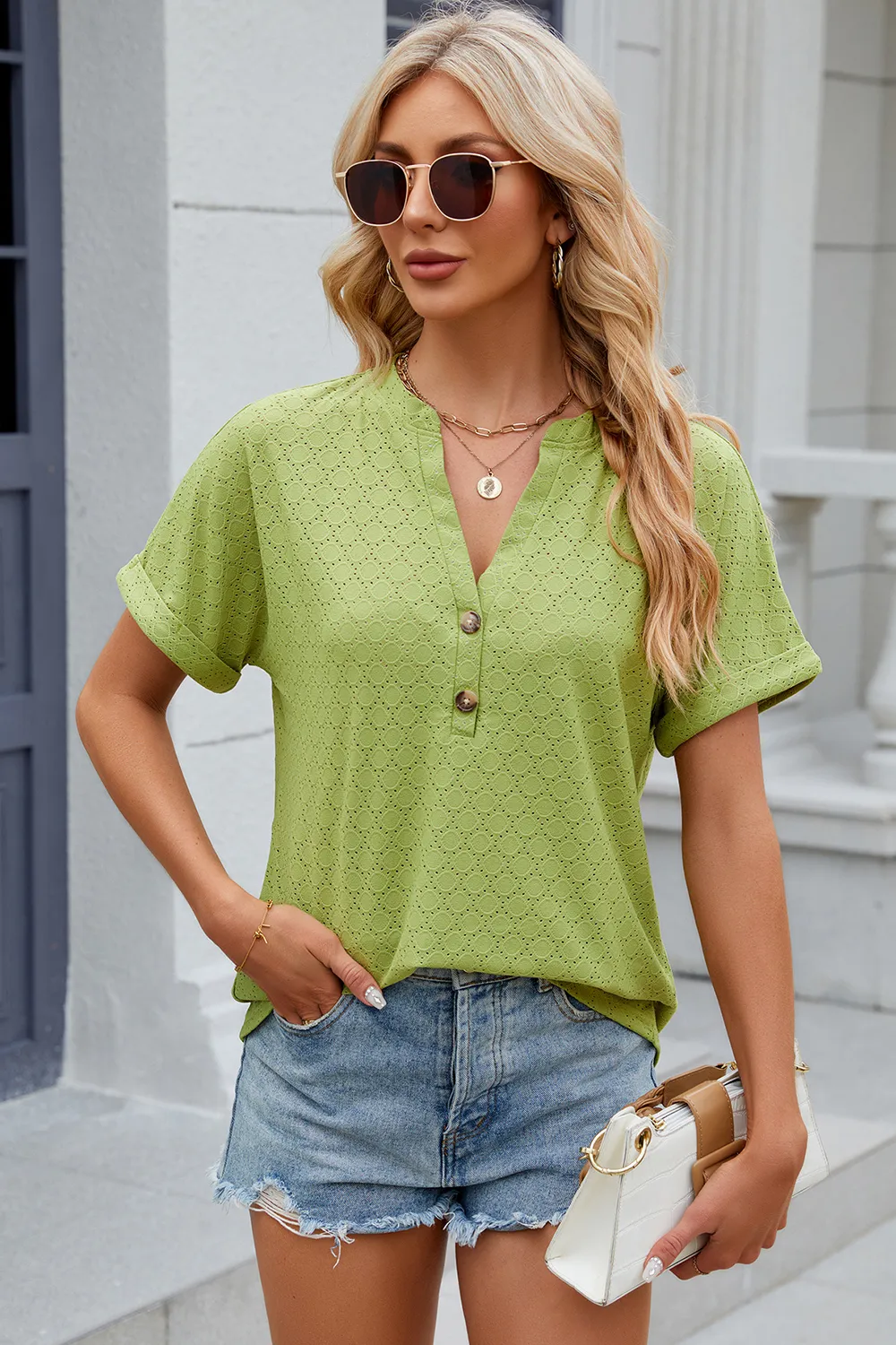 Eyelet Notched Short Sleeve T-Shirt, image 31
