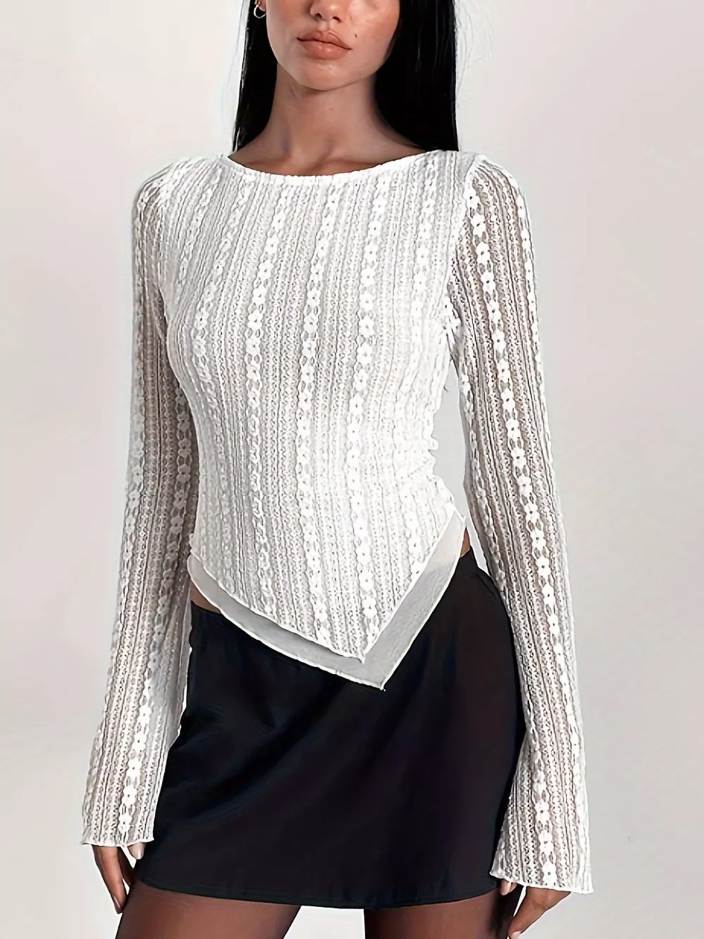 Lace Long Sleeve Blouse with Asymmetrical Hem, image 4
