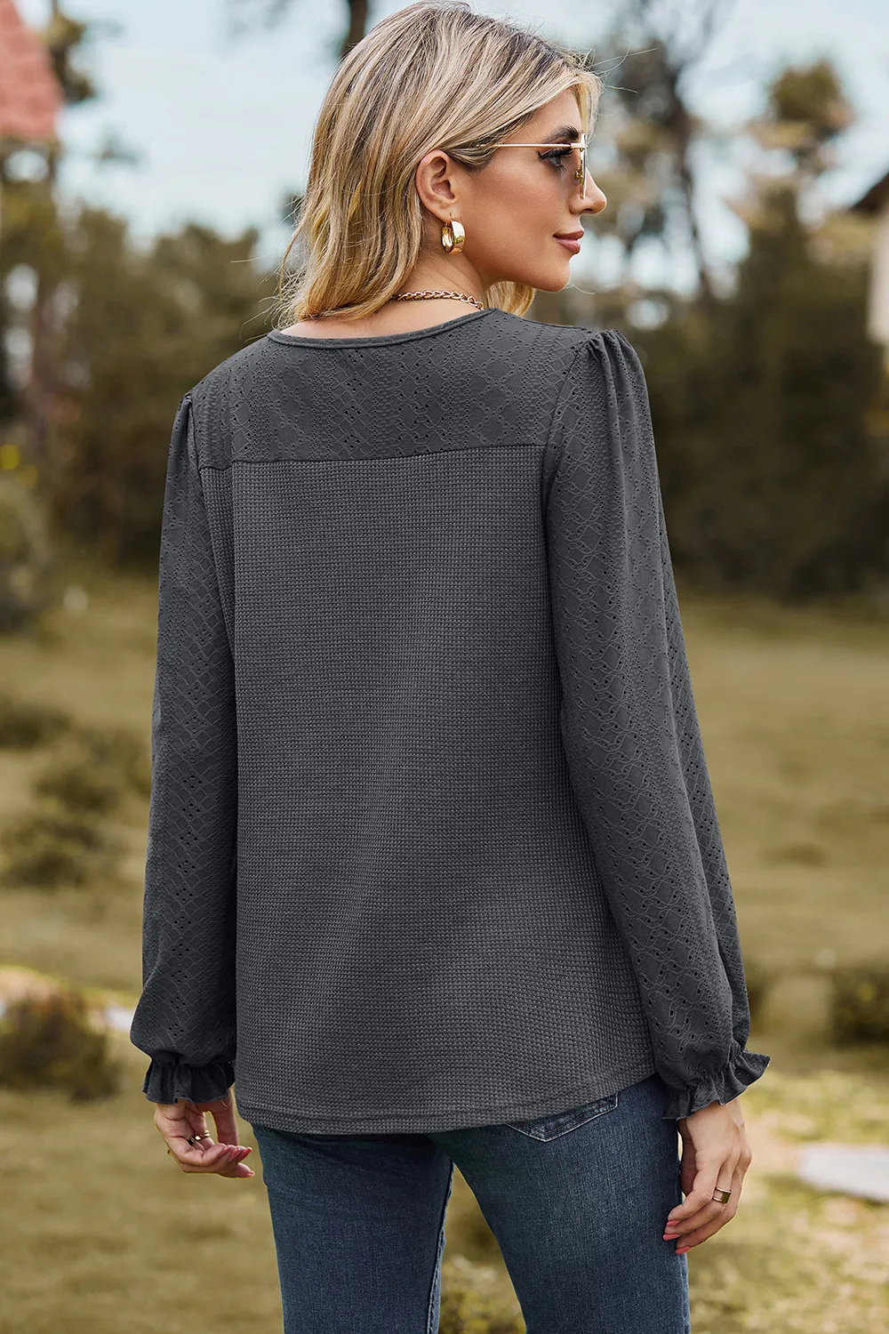 Eyelet Round Neck Flounce Sleeve T-Shirt, image 18