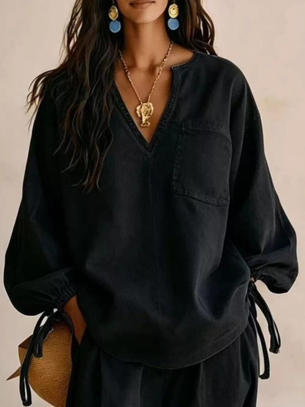 Relaxed Fit Drawstring Sleeve Detail Top and Pants Denim Set, image 14