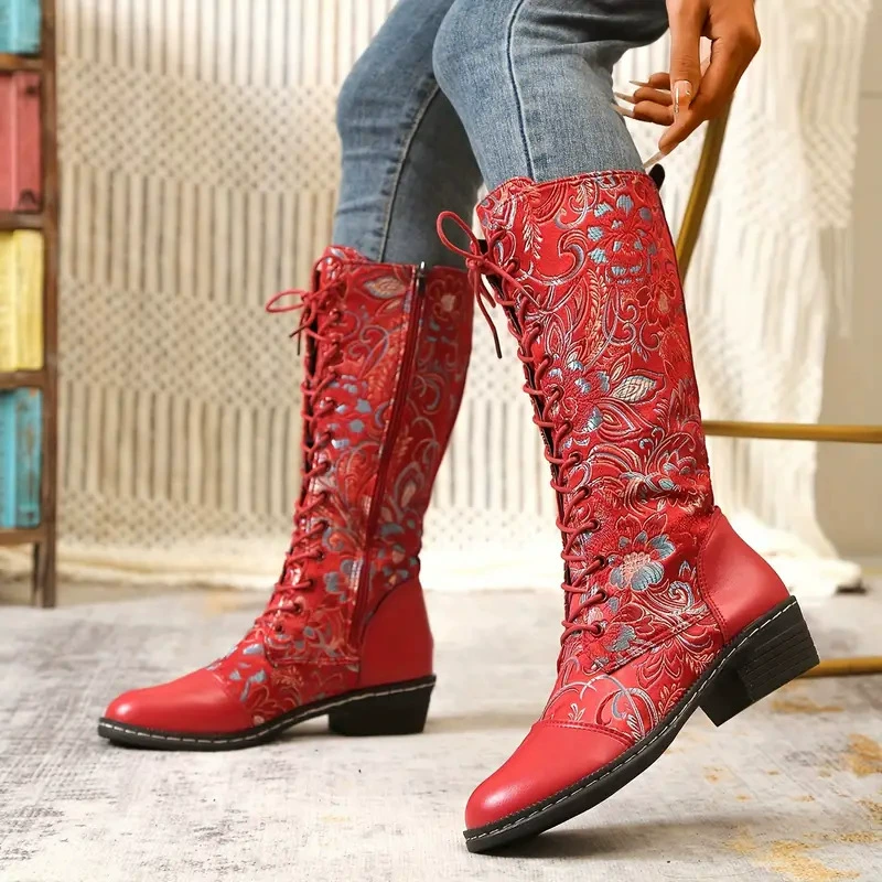 Embroidered Lace-Up Knee High Boots, image 2