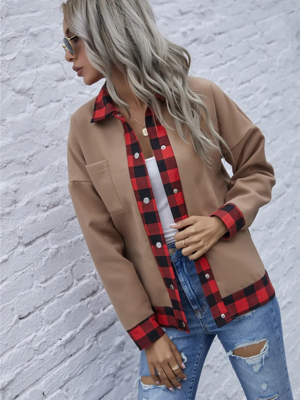 Plaid Trim Long Sleeve Jacket, image 6