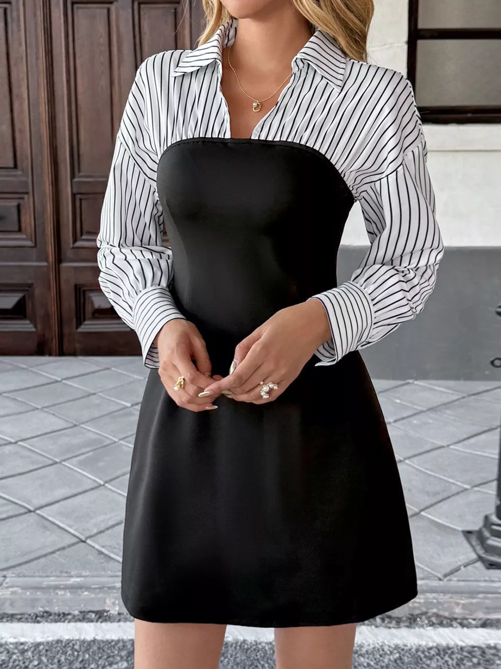 Striped Shirt Panel Bodycon Mini Dress, image 6