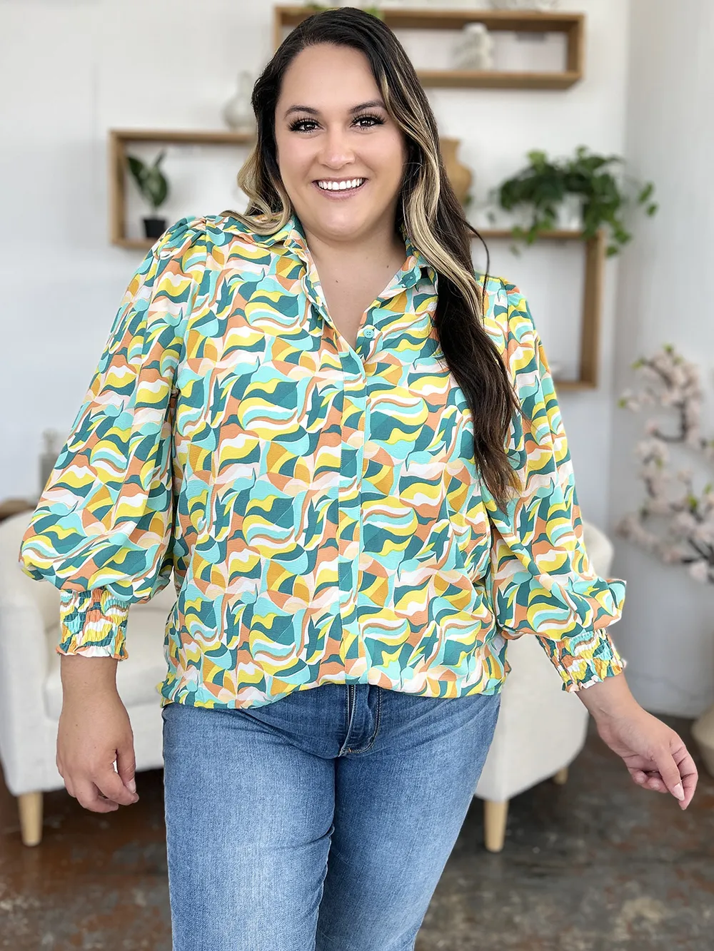 Full Size Printed Smocked Long Sleeve Blouse, image 13
