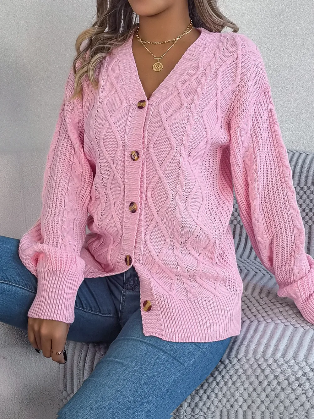 Cable-Knit Long Sleeve Cardigan, image 6