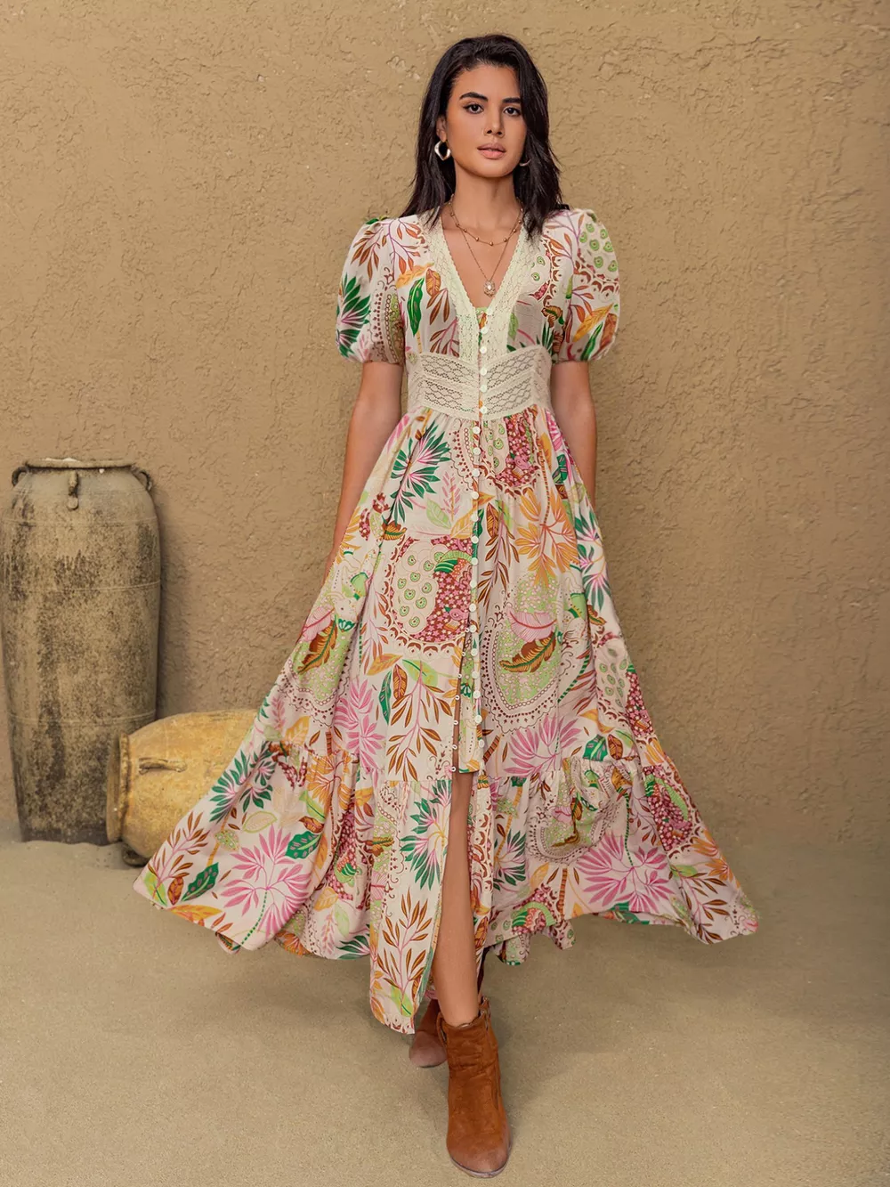 Lace Trim Floral Print Puff Sleeve Dress, image 6