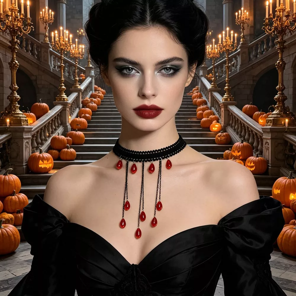Gothic Lace Choker Necklace with Teardrop Dangle Charms, image 9