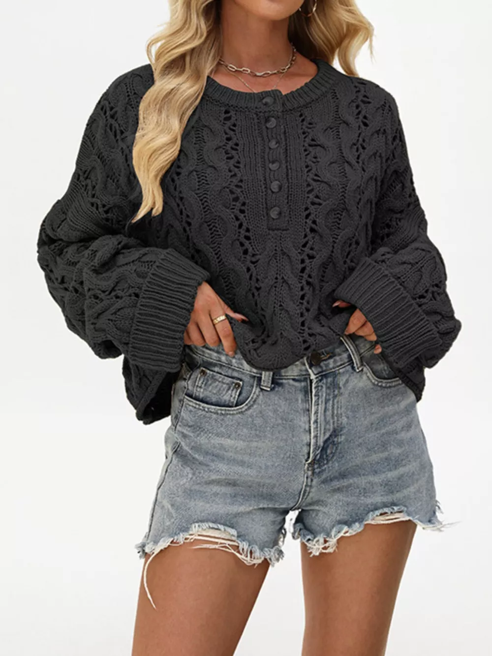 Chic Cable Knit Half-Button Openwork Sweater, image 5
