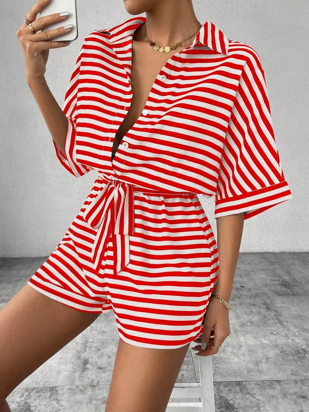 Tie Waist Half Button Striped Romper, image 22