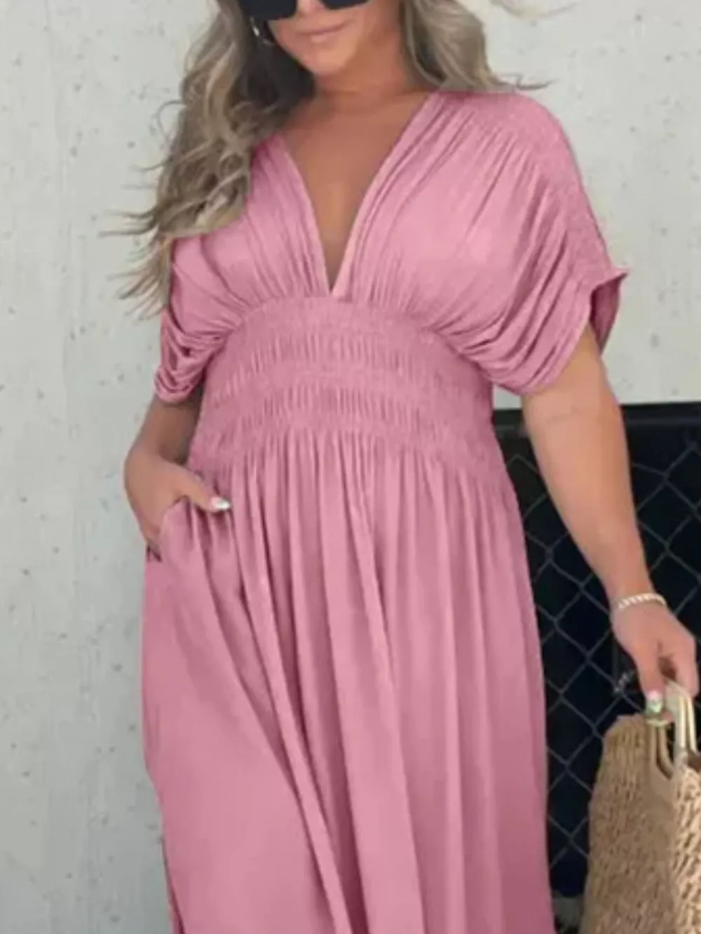 Full Size Slit V-Neck Smocked Waist Maxi Dress Plus Size, image 22