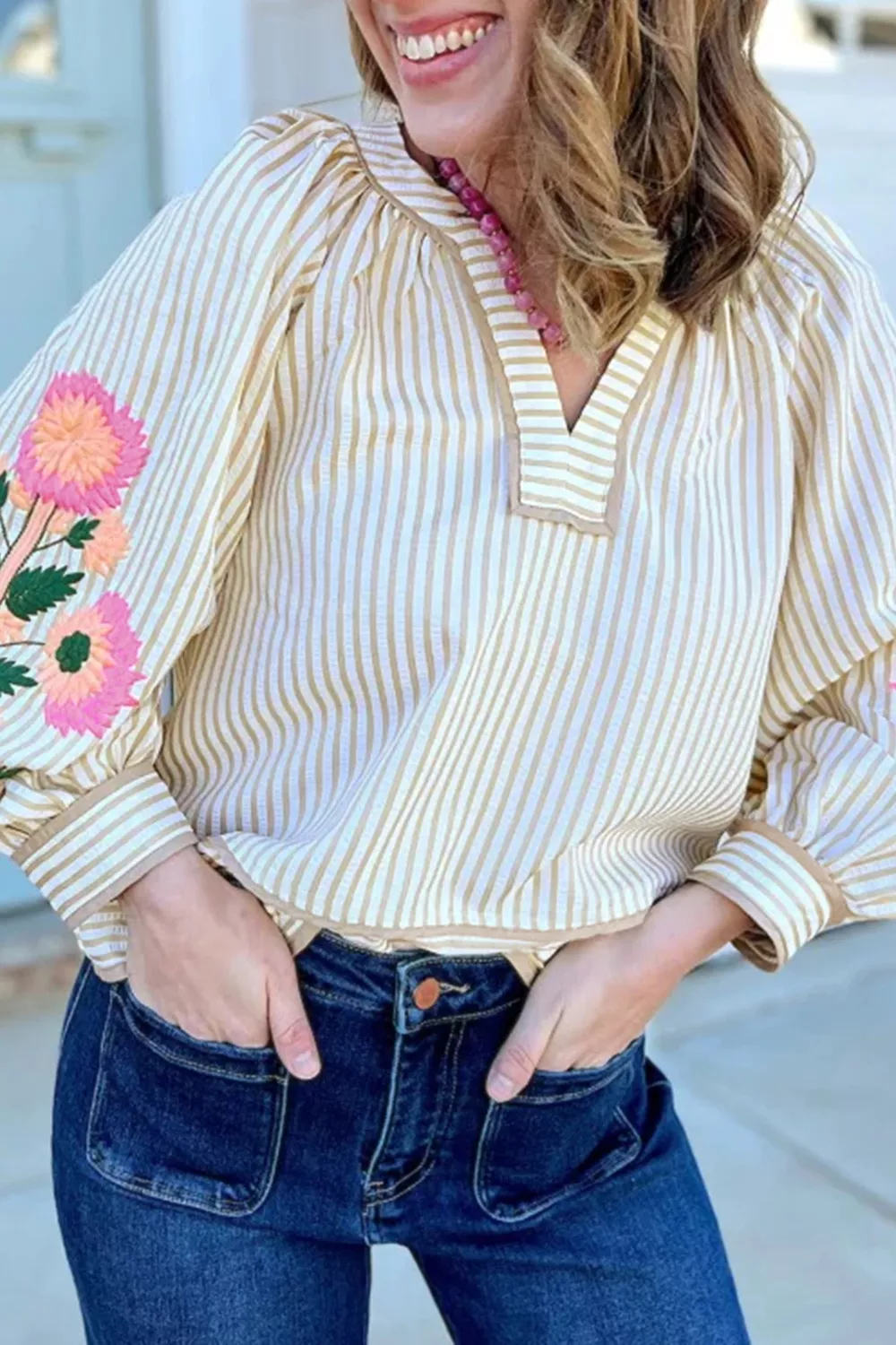 Stripe V Neck Floral Embroidered Long Sleeve Blouse, image 2