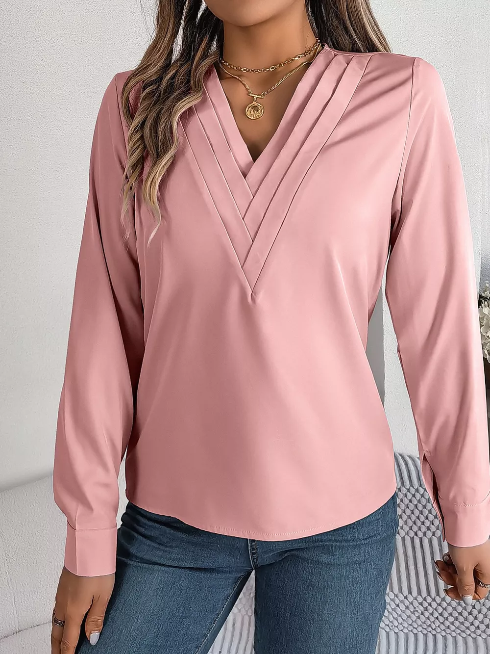 Layered V-Neck Long Sleeve Blouse, image 10