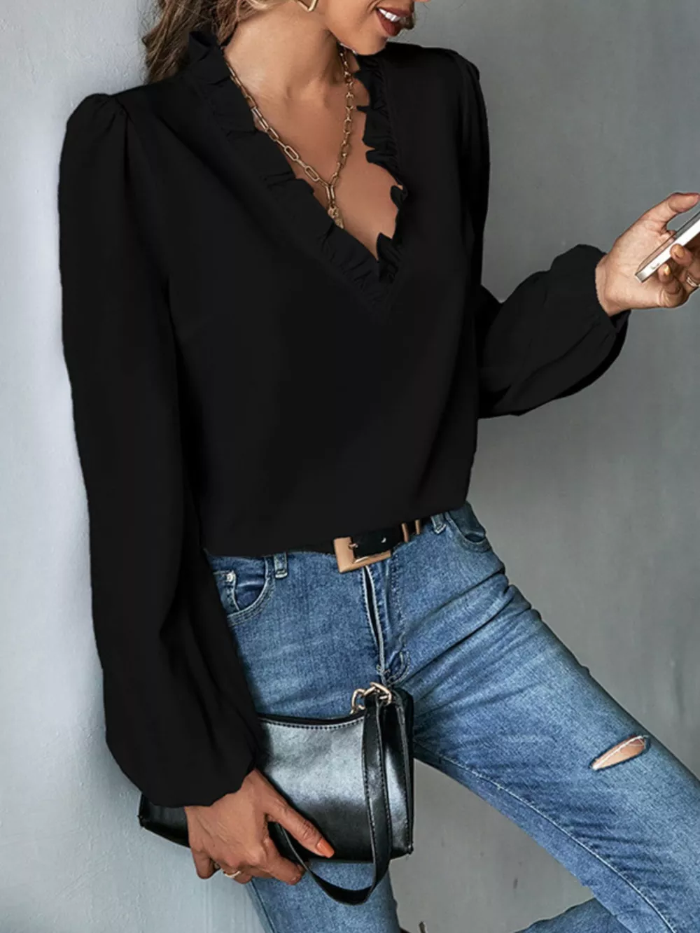 Ruffled Trim V-Neck Blouse