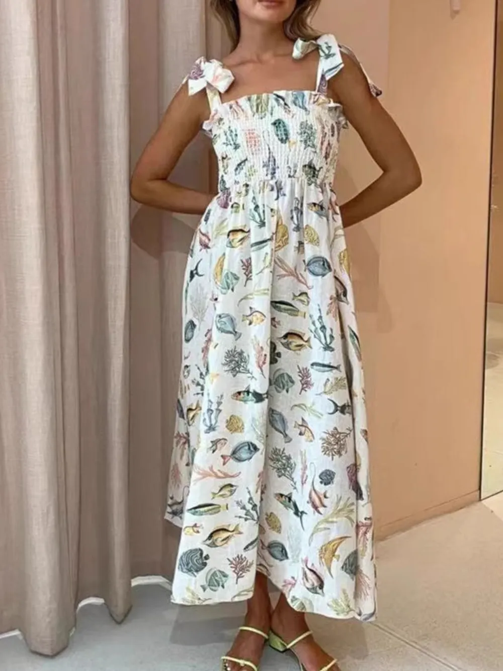 Floral Tie Shoulder Smocked Bodice Summer Dress, image 5